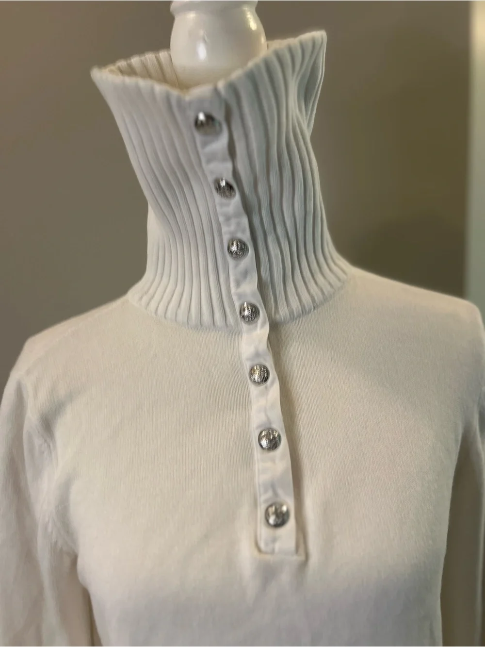 Ralph Lauren White Cotton Convertible snap turtleneck sweater Women’s Large - Picture 10 of 14